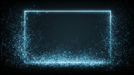 Obraz premium A glowing light-blue rectangle frame is surrounded by glittering particles, creating a vibrant and dynamic abstract backdrop.