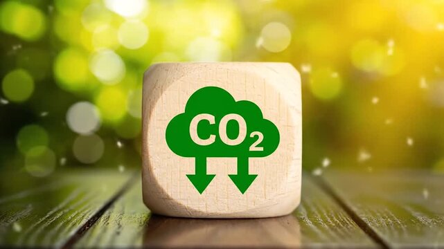 Wooden cube with green co2 symbol and downward arrows representing carbon footprint reduction against a blurred natural background