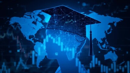 Blue silhouette of a head with a graduation cap and a world map overlay with a financial chart background. 4k video - Powered by Adobe