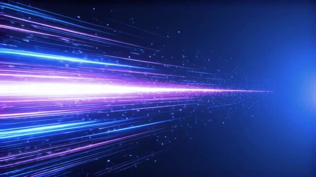 Abstract blue and purple light streaks accelerate into a bright white light source on a dark blue background representing speed and futuristic technology advancement