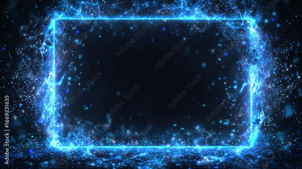 Poster a striking, glowing blue rectangular frame is highlighted by a dynamic display of particles against 