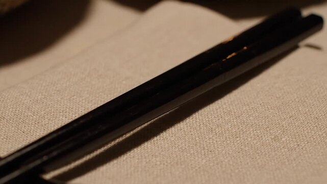 Pair of Dark Lacquered Chopsticks Resting on Beige Textured Napkin with an Authentic Atmosphere Perfect for Culinary Presentations and Promoting Dining Culture with Tableware