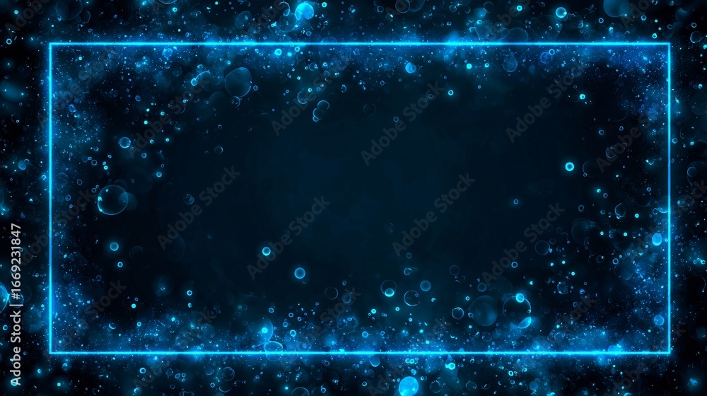 Poster a neon blue frame highlights a dark background dotted with glowing, ethereal circles, creating a cap