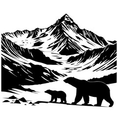 Silhouette of polar bears walking below a snowy mountain landscape © Sarfaraz