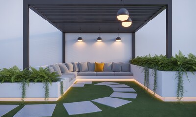 Fototapeta premium Modern rooftop terrace with L-shaped seating, built-in planters, a pergola, pendant lights, and a curved stepping stone path on artificial turf