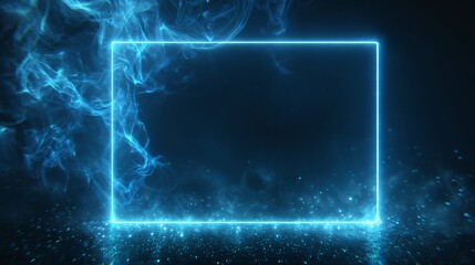 A glowing, vibrant blue neon rectangle frame, outlined against a dramatic backdrop of swirling smoke and illuminated particles, creating an intriguing and futuristic scene.