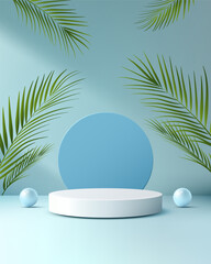 tropical 3d background with white podium blue circle backdrop green palm leaves product display mockup scene for branding showcase summer exhibition cosmetic presentation design