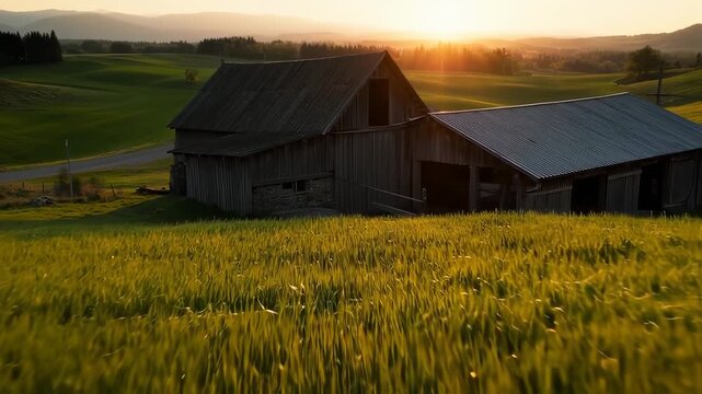 Two weathered barns stand amidst a golden field at sunset