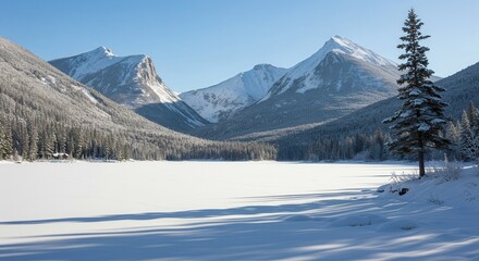 Obraz premium The bright blue sky contrasts with the white snow, highlighting the vastness and calmness of the cold winter landscape