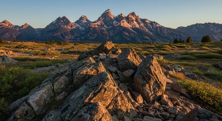 Obraz premium The contrast between the harsh rocks and the golden light creates a stunning visual of power and beauty, with patches of snow visible at higher elevations.