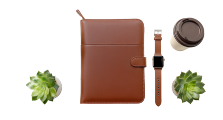 Flat lay composition of personal accessories and greenery on a white wooden surface