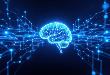 Obraz premium A glowing, wireframe human brain is centrally positioned against a dark blue background, interwoven with abstract circuitry patterns that radiate outward, 