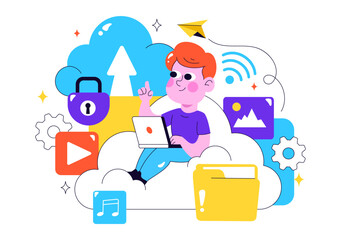 Cloud Storage Vector Illustration featuring Computing with Global Connection Network, File Transfer, and Data Center in a Flat Style Background