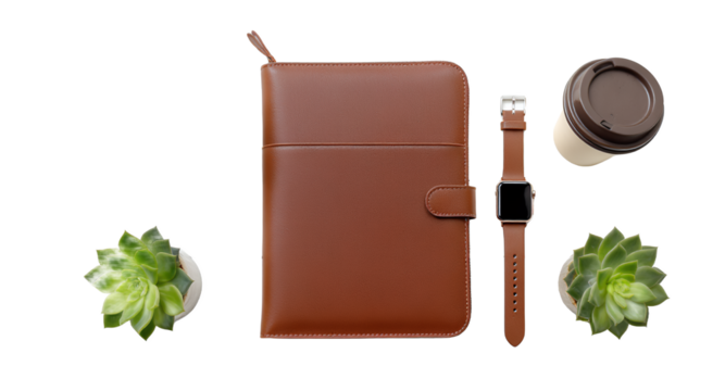 Flat lay composition of personal accessories and greenery on a white wooden surface