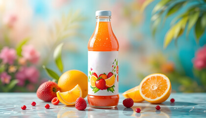 Orange Juice Bottle Mockup with Fresh Fruits and Colorful Summer Background – Healthy Beverage Packaging Design Concept