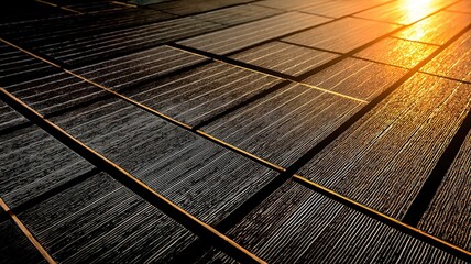 Close-Up of Miniature Solar Panels on Wooden Balcony Railing Arranged in Mosaic Pattern Symbolizing Clean Renewable Energy