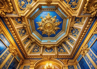 Obraz premium Luxurious golden ceiling with intricate blue moldings and ornate details