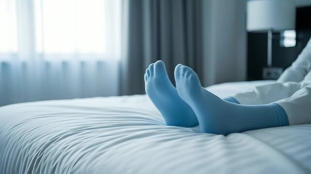 Person in compression socks relaxes on a bed, aiding recovery. Ideal for healthcare promos, comfort product ads, lymphatic support materials, and circulation health education campaigns.