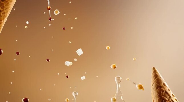 Two ice cream cones colliding with caramel and chocolate sauce splashing in a studio shot