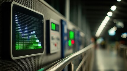 Sharp medium shot of digital airport environmental board tracking waste and carbon emissions rest of monitoring equipment subtly blurred.