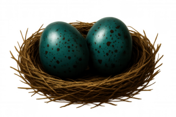 Teal speckled eggs resting gently within woven nest structure, soft natural texture against transparent background