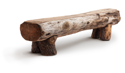 Banco simples com tora de madeira natural, assento de madeira rústica, design de móveis contemporaneo isolado em fundo transparente