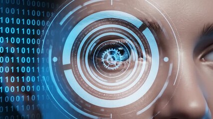 Close up of a human eye with a futuristic digital interface overlay showing binary code and concentric circles - Powered by Adobe