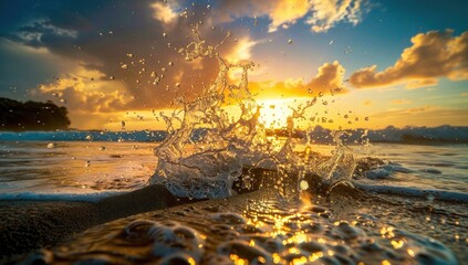 Ocean wave sunset splash tropical beach paradise, travel poster