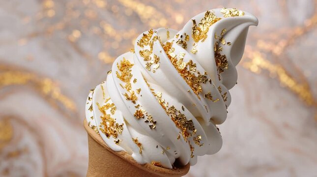 A close up of a vanilla ice cream cone with gold flakes against a marble background texture design