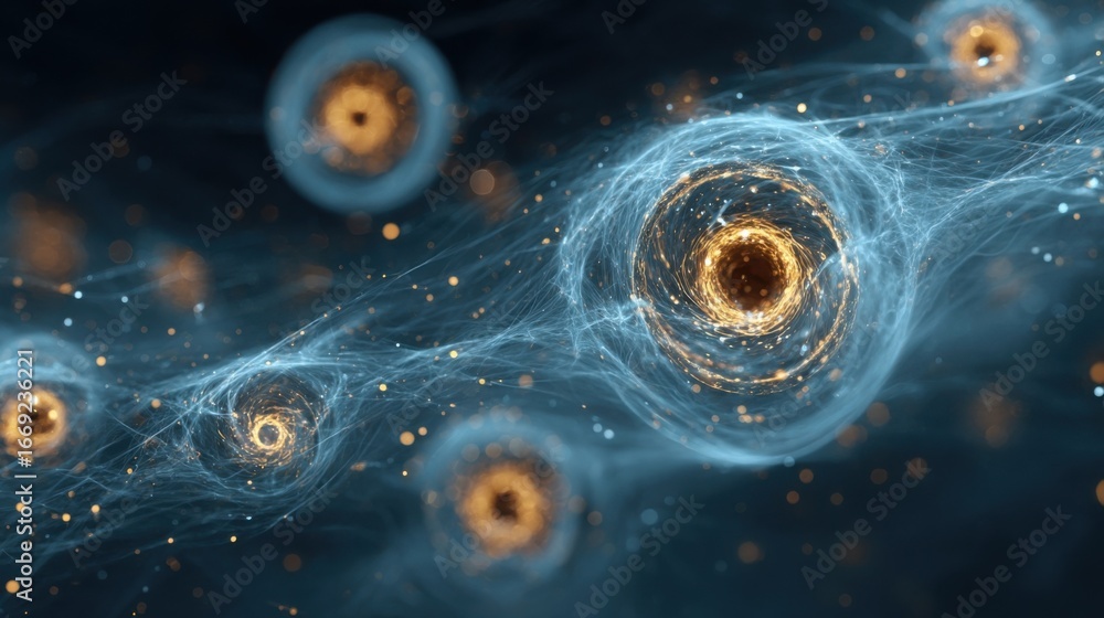 Poster an abstract representation of quantum superposition with entangled states illustrated as glowing orb