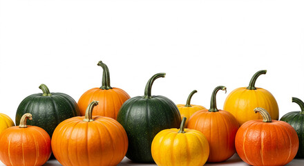 Obraz premium A collection of colorful pumpkins, including orange, green, and yellow varieties, arranged against a bright white background.