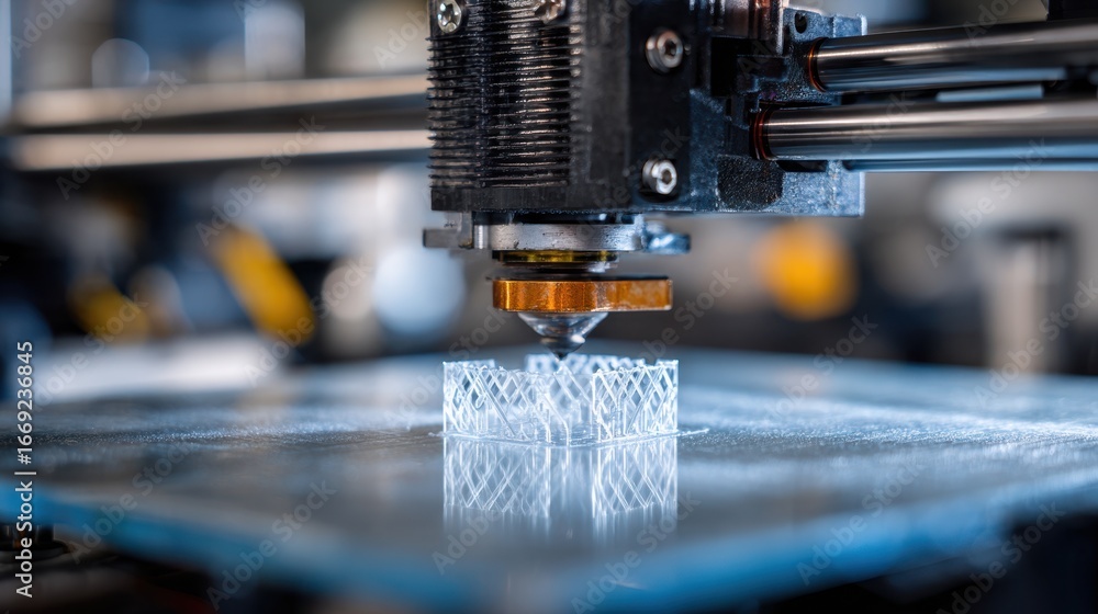 Poster closeup of a 3d printer fabricating intricate plastic components highlighting the smooth layering pr
