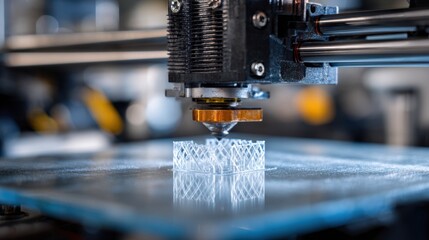 Closeup of a 3D printer fabricating intricate plastic components highlighting the smooth layering process with a blurred industrial background.