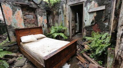 Obraz premium A wooden bed in a dilapidated interior courtyard.