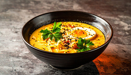 Delectable Culinary Delight: An artful display of a single, appetizing bowl of ramen, a harmonious blend of rich broth, tender noodles, perfectly cooked egg, and a garnish of fresh herbs.
