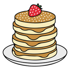 Fluffy Japanese pancakes with powdered sugar and strawberry vector illustration on white background