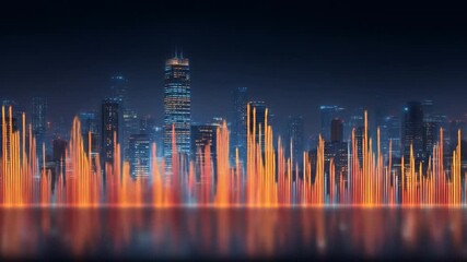 Night City Skyline with Audio Waves  Futuristic Urban Landscape with Digital Art. - Powered by Adobe