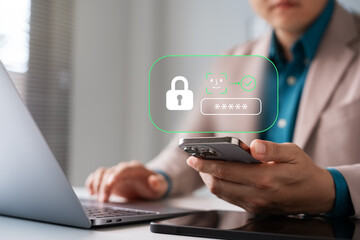 Secure login using facial recognition and password authentication on a smartphone. This image represents biometric identity verification, mobile data protection, and modern digital security solutions.