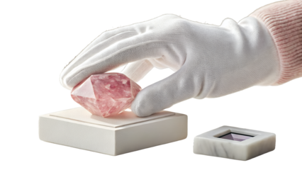 Hand in White Glove Placing Pink Gemstone on Display Stand