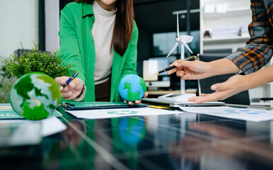 Business team working virtual modern smartphone to reduce CO2 emissions carbon footprint climate change