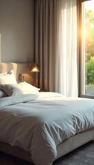 Fototapeta premium A luxurious bedroom featuring a plush mattress, crisp white linens, and soft natural light streaming through a window The scene evokes comfort, relaxation, and restful sleep , king size bed, sleep