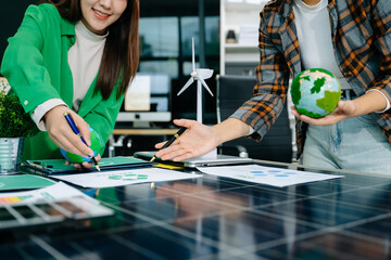 Business team working virtual modern smartphone to reduce CO2 emissions carbon footprint climate...