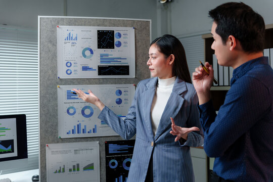Asian businesswoman showing and explaining charts and graphs on a whiteboard to a businessman in the office