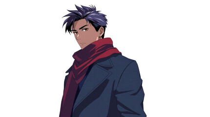 With a cool expression a young man dressed in a fashionable coat and a dark scarf poses confidently showcasing winter fashion against a light background