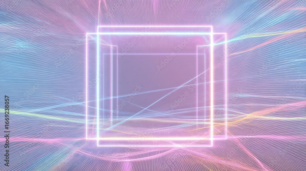 Poster a pastel-toned, digital art design featuring overlapping glowing neon squares within a network of ab