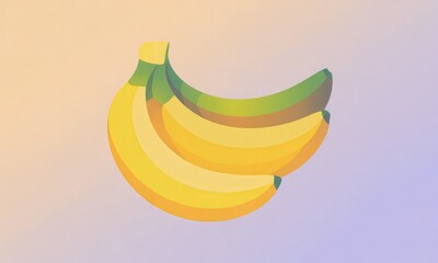 Isometric illustration of a bunch of three ripe yellow bananas with green stems against a soft, gradient peach and lavender background