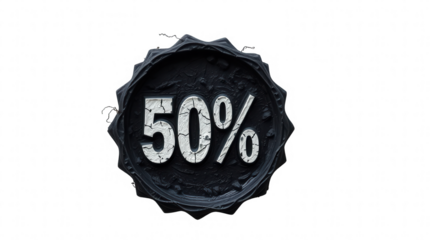 Bold black badge with the number 50 percent prominently displayed represents a significant discount often associated with sales and promotions