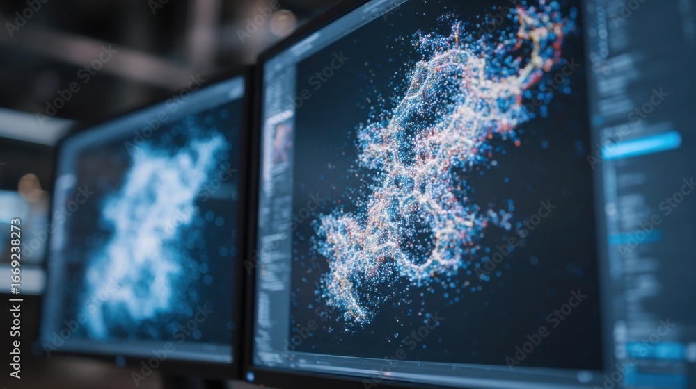Poster a closeup of dual screens displaying the ai interface used for designing enzymes and drawing simulat