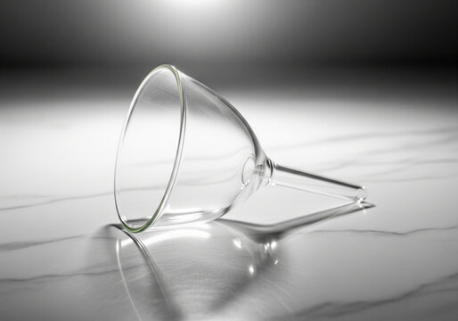 A clear glass funnel placed on white marble, lit from above to emphasize its transparency and clean geometry.