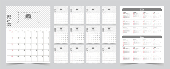 Monthly calendar template for 2026 year. The Week start on Sunday. Desk calendar 2026 design, simple and clean design, Wall calendar for print, digital calendar, Corporate design planner template.